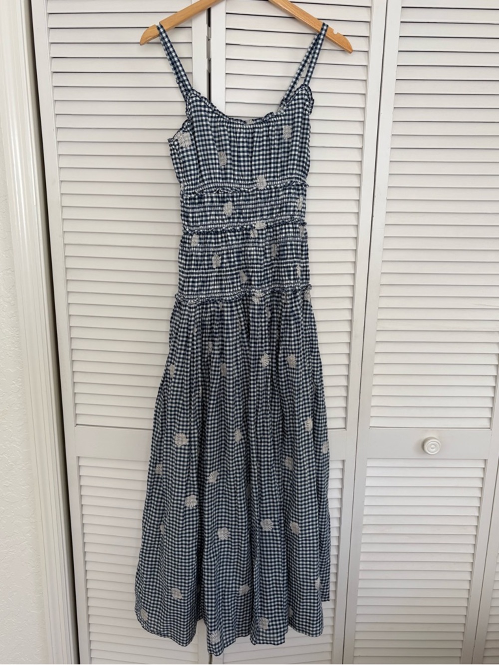 Abercrombie Smocked Drop Waist Maxi gingham and seashells